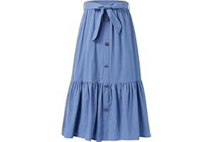 Kukume Maxi Skorts Skirt for Girls Button Front High Waisted Long Skirt with Belt Ruffled Skirts with Pocket 3-12Years
