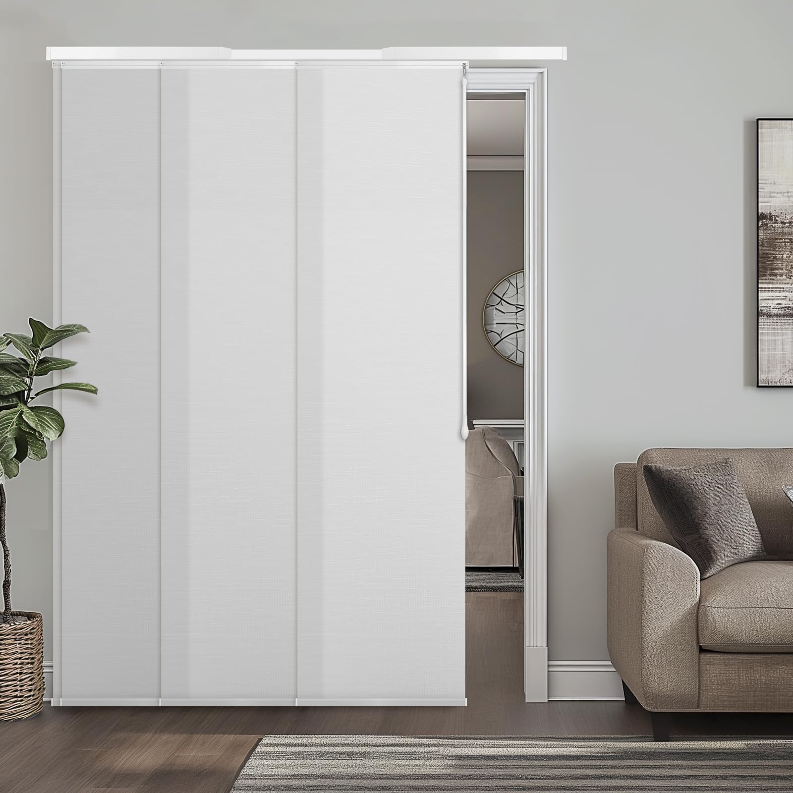 Photo 1 of Heefen Adjustable Panel Track Blinds Light Filtering Vertical Blinds, Retractable Track from 42" to 74" W, Trimmable Panel Up to 96" H (White)