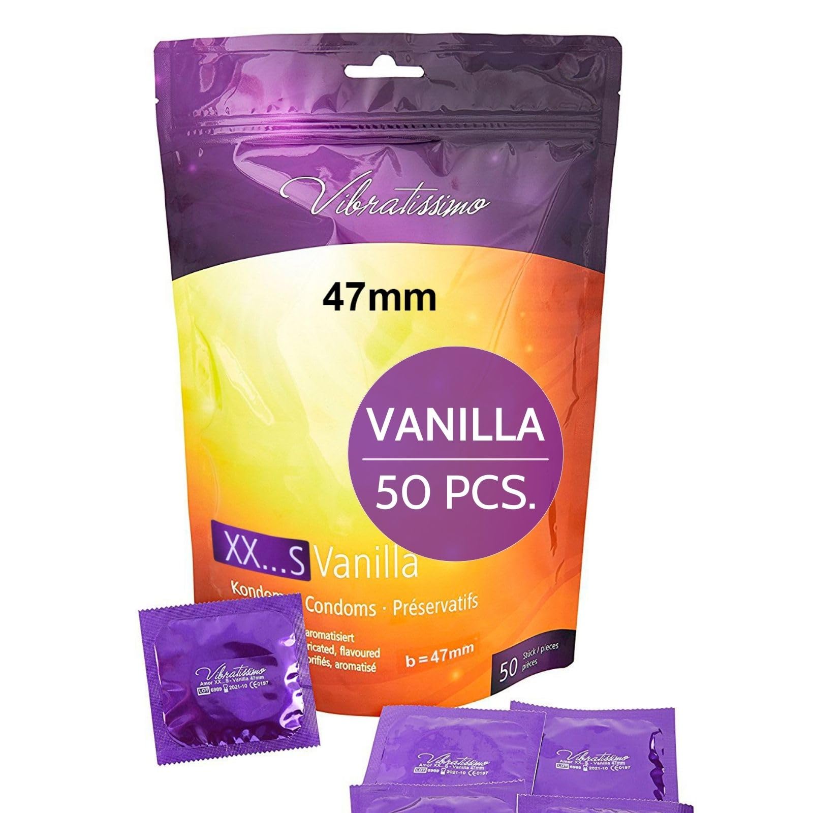 VIBRATISSIMO XXS Vanilla Flavored Condoms - Premium Aroma, Thin Wall, 50-Pack (w=47mm)