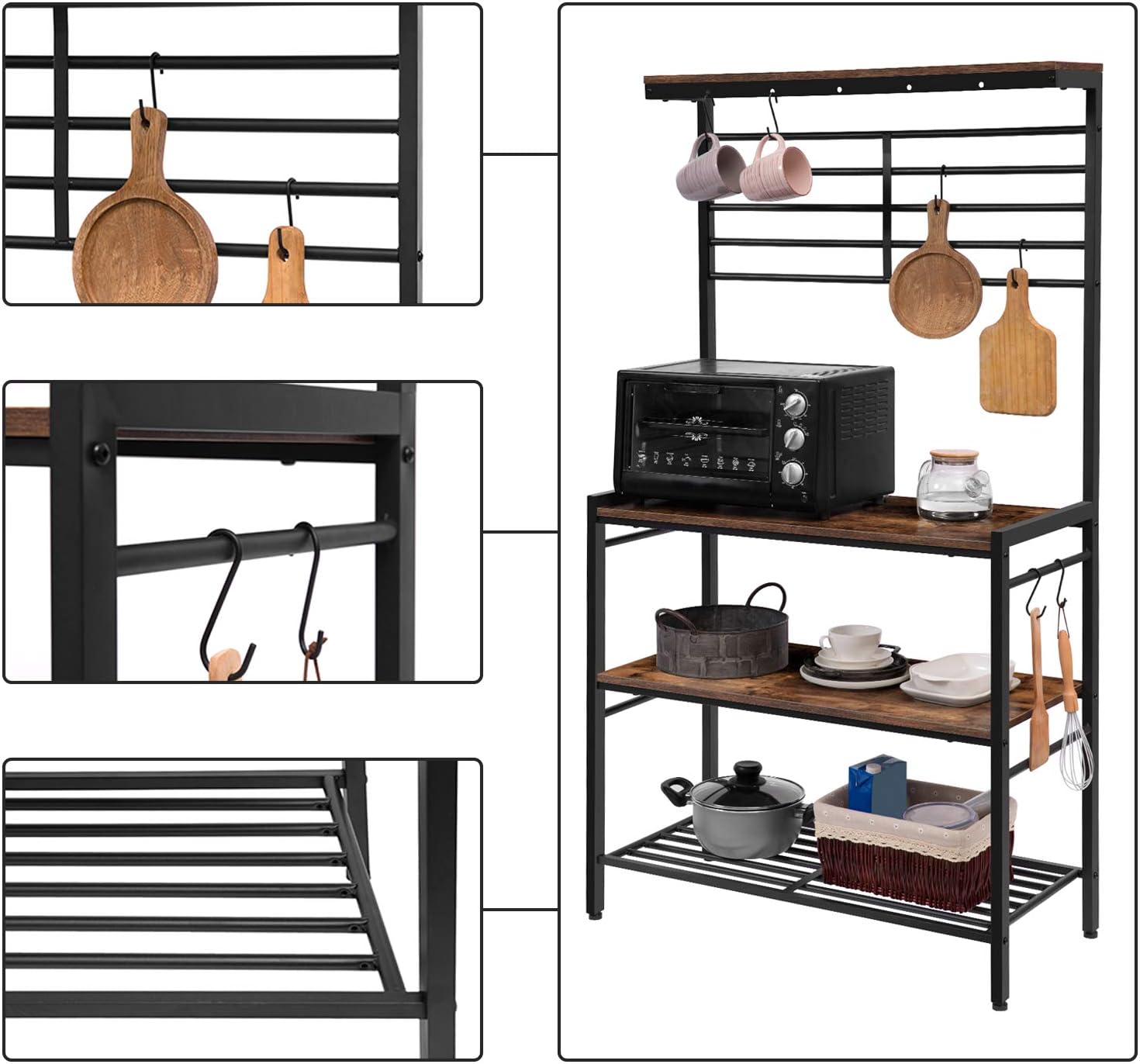 HOOBRO Kitchen Baker's Rack, Kitchen Microwave Oven Stand with High Display Shelf, 2 Wood Shelves and Mesh Panel, Kitchen Island Rack with 6 Hooks, Adjustable Feet, Metal Frame, Rustic Brown BF01HB01 - Standing Baker's Racks