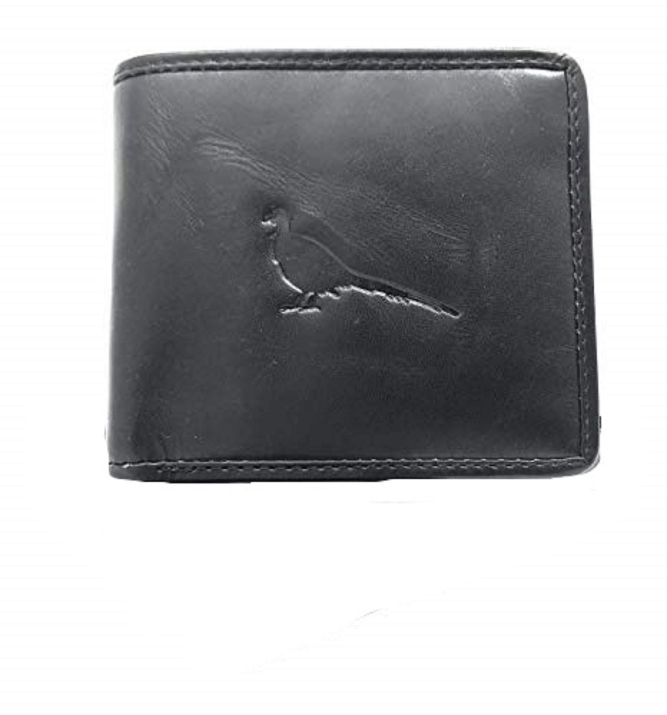 Luxury Engraved Leather Mens Wallet with Embossed Pheasant Image Card Holder with Islay Tweed Finish in Black or Brown (Black)