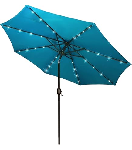 9' Round Patio Umbrella with 32 Solar Powered LED Lights, Push-Button Tilt and Hand Crank Lift, Solar Umbrella in Teal for Porch, Deck, and Patio by Sun-Ray : Patio, Lawn