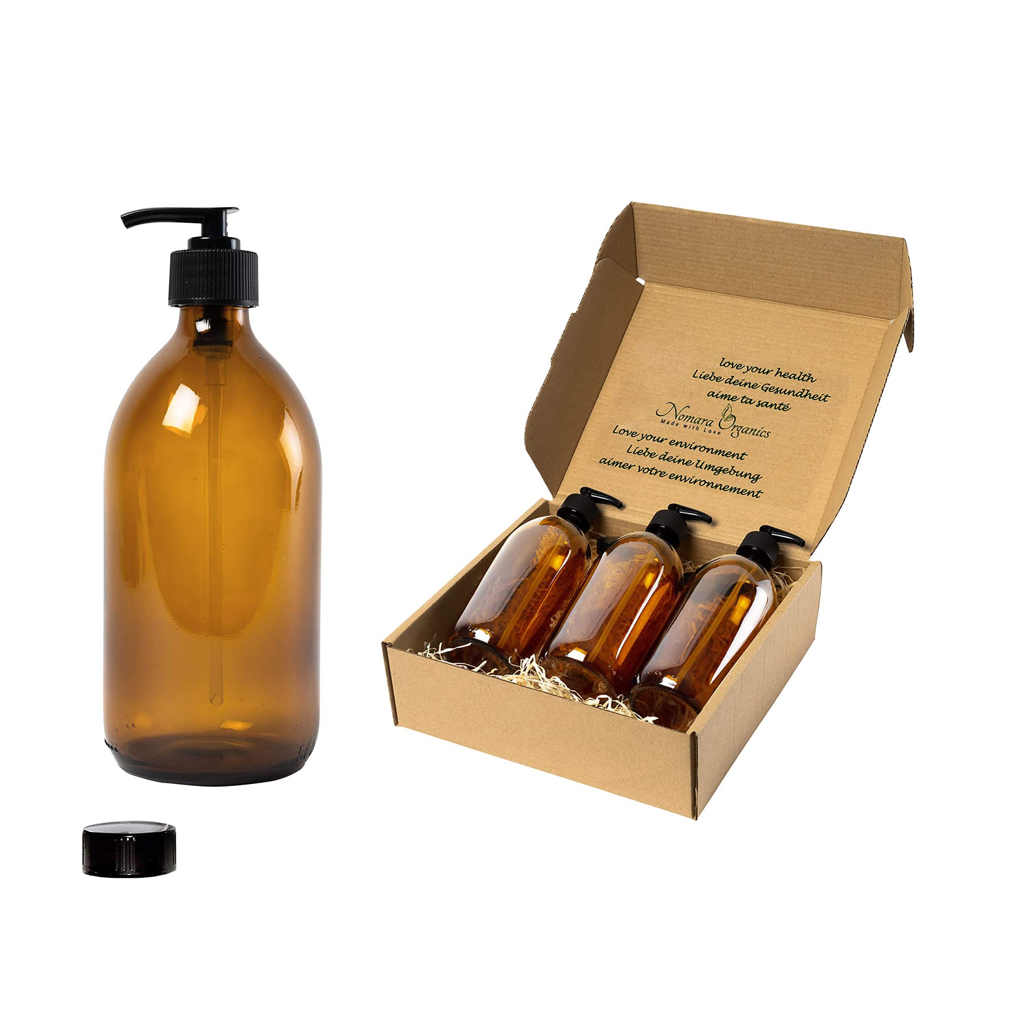 Nomara Organics Amber Soap Dispenser Bottles with Lockable Pumps, 4 Pack, BPA Free Glass, Reusable and Refillable for Handwash, Shampoo, Lotion, oil, or Organic Cosmetics, Gift Set, 300mL