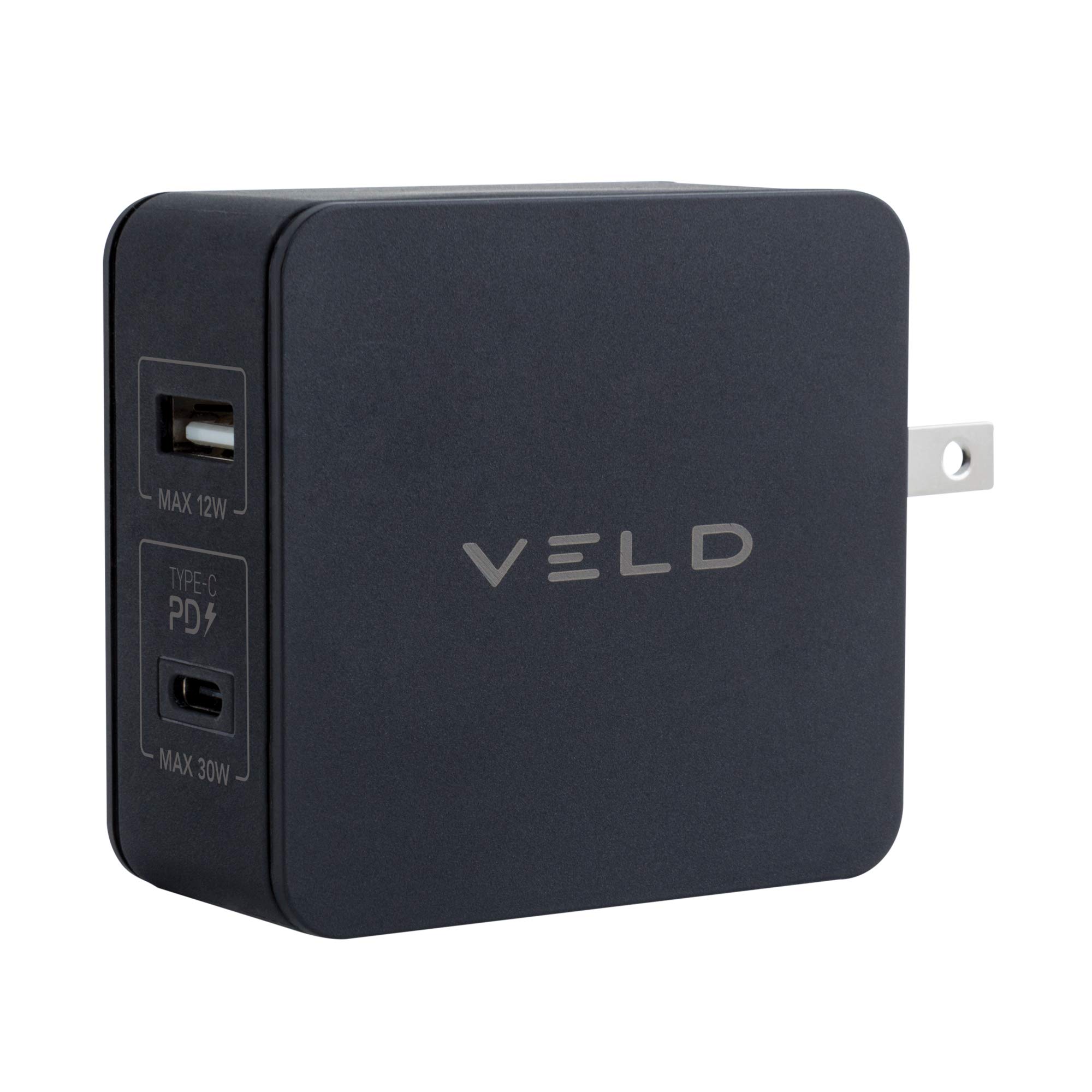 Veld 42W PD Super-Fast 2 Port Travel Charger - inc UK/USA/EU & AUS plugs 1 type C 30w 1 USB A 12w inc protective case ideal for smart phones/tablets