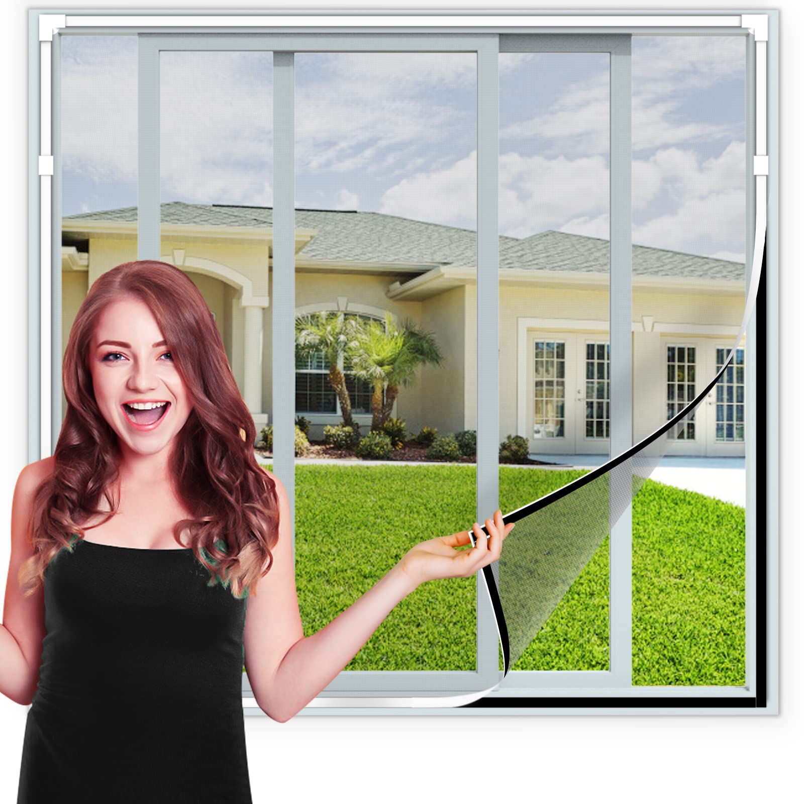 Magnetic Fly Screen Window Adjustable DIY Max 120x110cm Fiberglass Screen Mesh Fits Any Size Smaller with White Window Frames and Grey Mesh