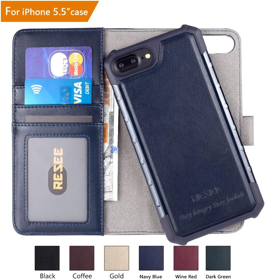 iPhone 7/8 Plus Wallet Case, iPhone 6s/6 Plus Case, RESEE [Detachable 2 in 1 Cover] PU leather Magnetic Flip Cover With Card Holder RFID Blocking Shock Absorption For Apple iPhone 5.5 Inch - Navy Blue