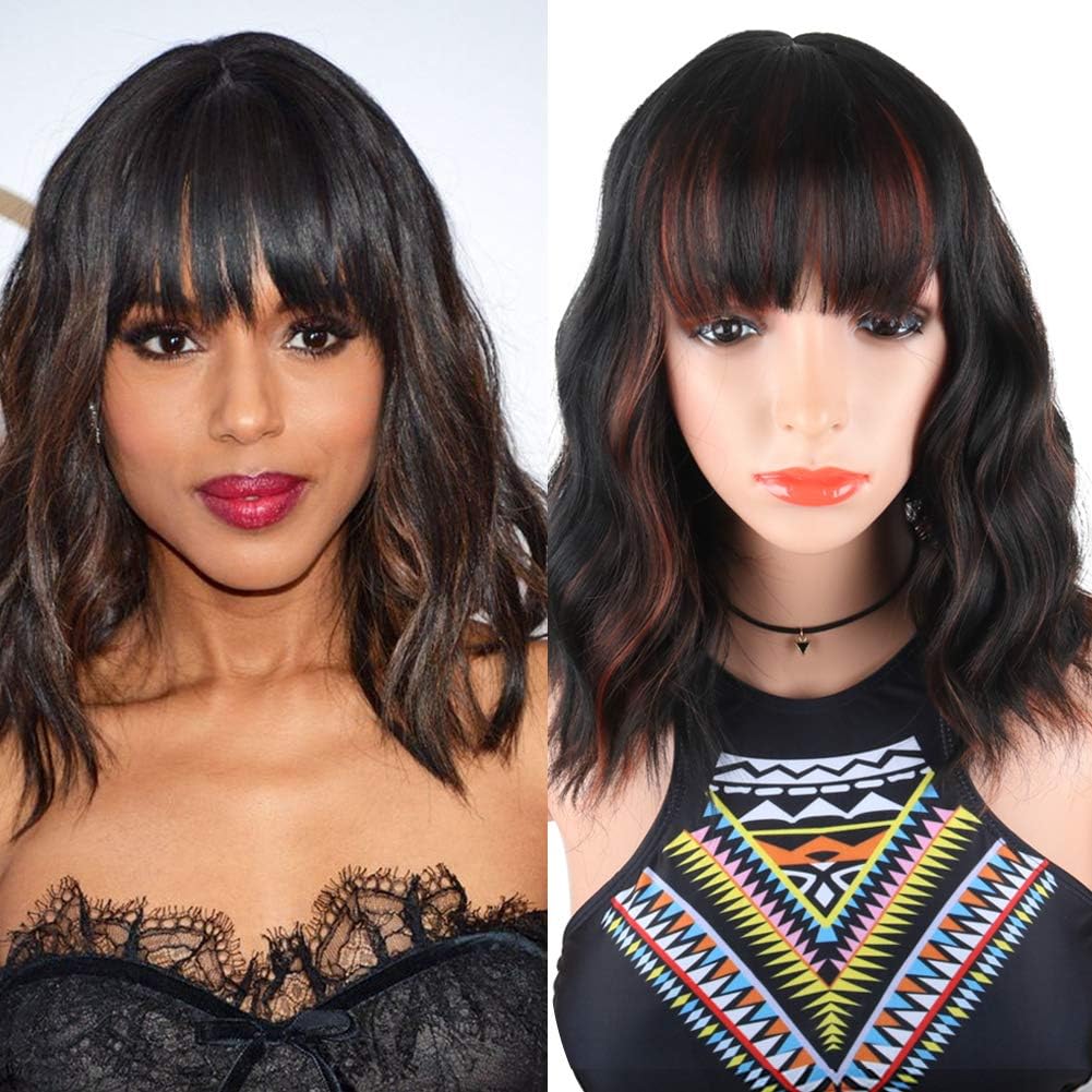 DSY Fashion Short Wavy Wigs With Flat Bangs Black Mixed Brown Synthetic Full Wigs For Women None Lace Wigs That Look Real Heat Resistant +Free Wig Cap (Black Mix Brown)