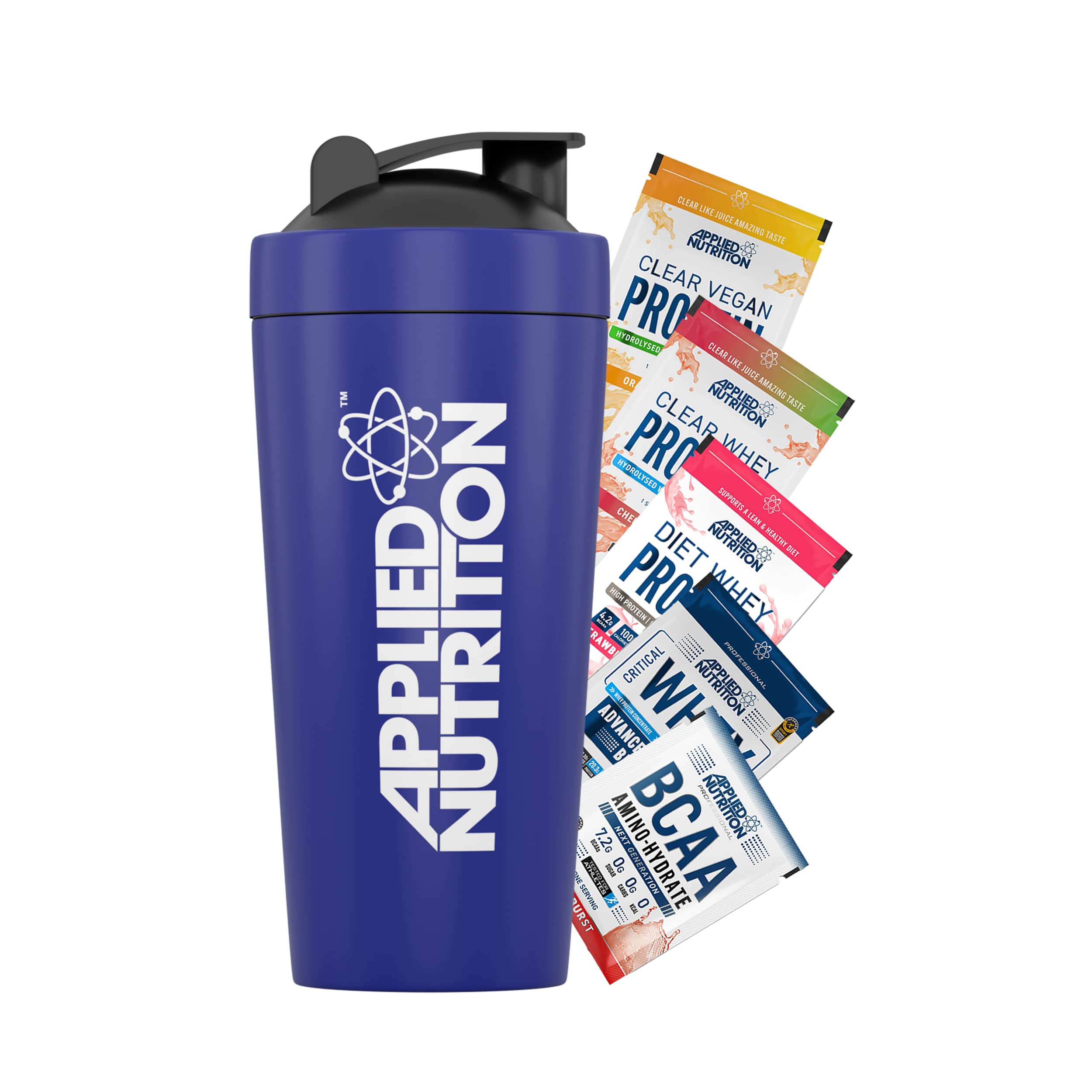 Applied Nutrition Bundle Metal Protein Shaker + 5 Sample Bundle - Sports Supplements Stainless Steel Shaker, Metal Shaker Bottle, Durable & Lightweight (750ml)