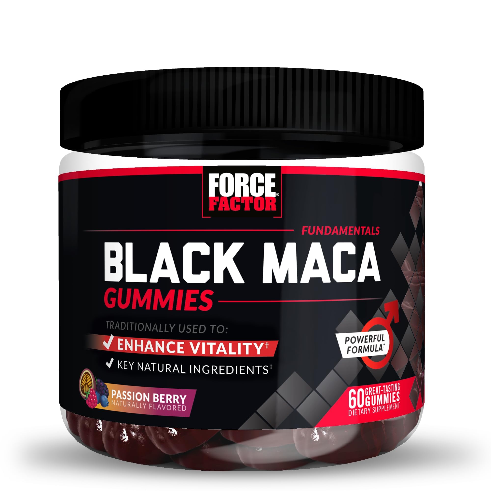 Force Factor Black Maca Gummies for Men & Women, Boost Energy, Strength, Drive & Vitality, BioPerine & Selenium for Superior Absorption, Peruvian Black Maca Root Extract, Passion Berry, 60 Gummies