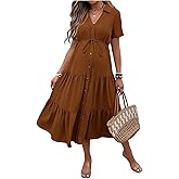OYOANGLE Women's Maternity Dress Collared V Neck Short Sleeve Button Belted Ruffle A Line Midi Dresses