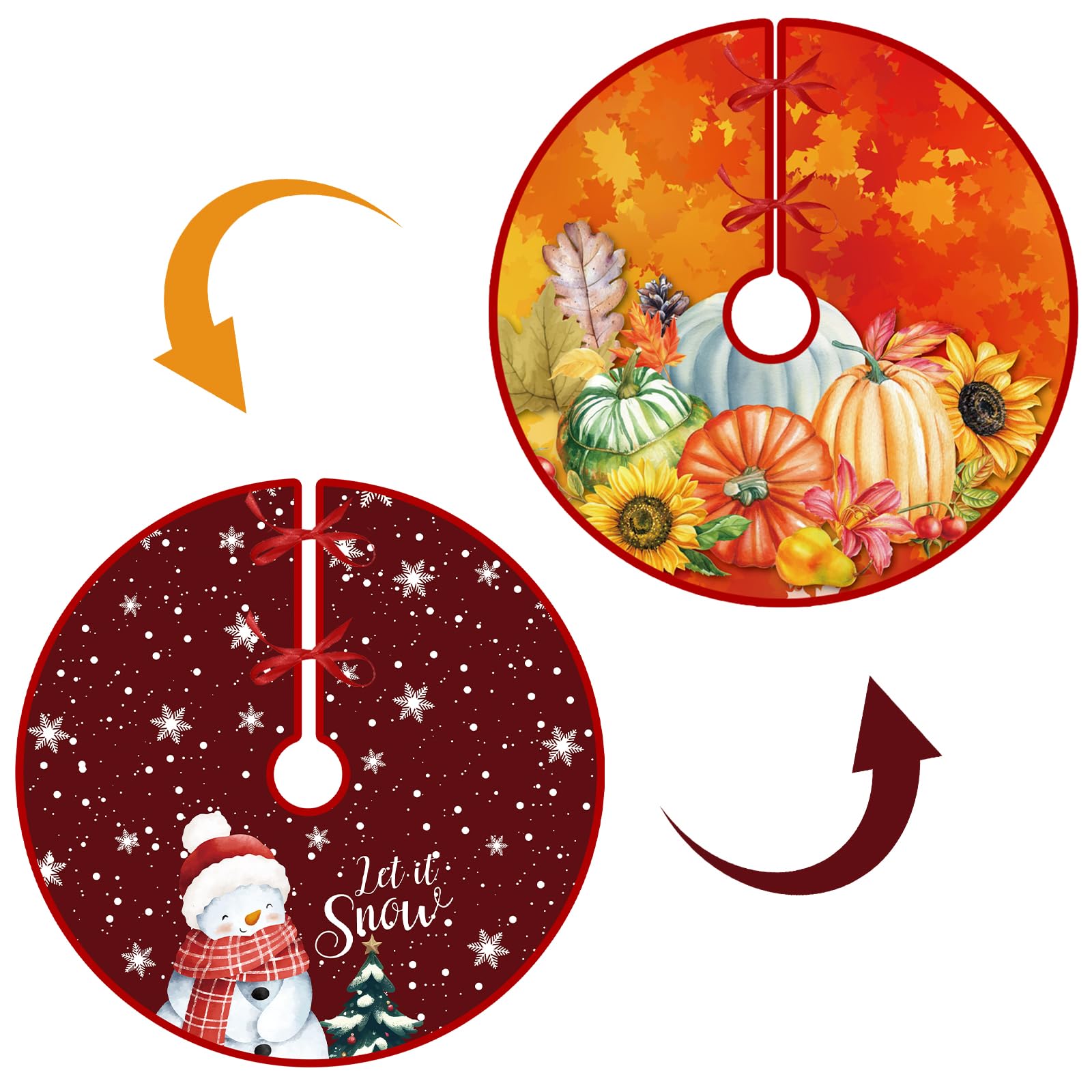 Photo 1 of 15 Inch Mini Fall Tree Skirt Christmas Reversible Thanksgiving Day Double Sided Print Mat Christmas Party Supplies for Home Tabletop Trees Holiday Decoration (15 Inch Fall/Christmas)