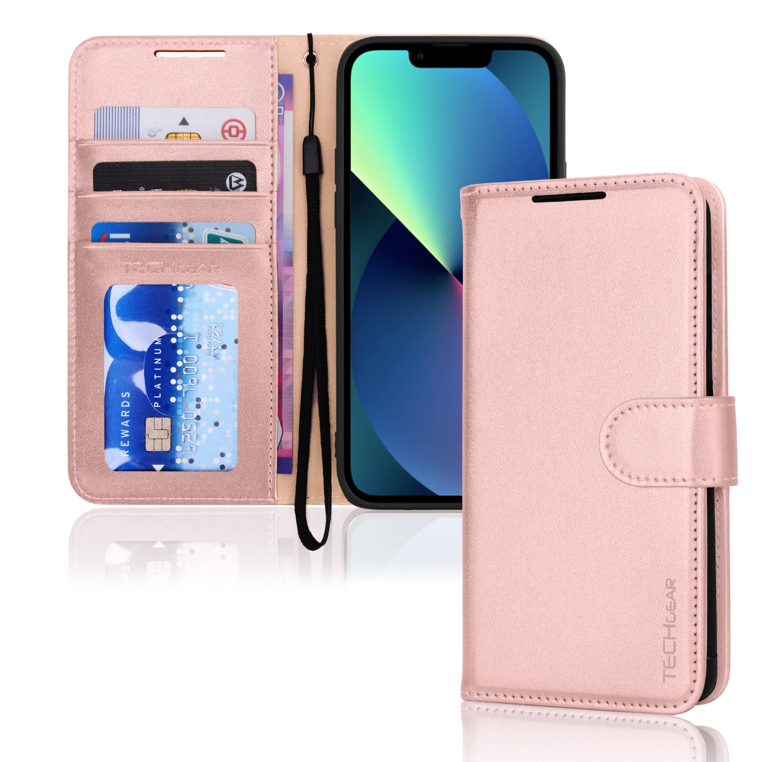 TECHGEAR iPhone 14 Plus Leather Wallet Case, Flip Protective Case Cover with Wallet Card Holder, Stand and Wrist Strap - Pink PU Leather with Magnetic Closure Designed for iPhone 14 Plus 6.7" — image 1