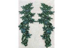 Zbroh Handmade red/White//Green/Blue Rhinestones Applique Sewing Beads Stones Trim lace Patches Accessory for Dress Clothes one Pair (deepgreen)