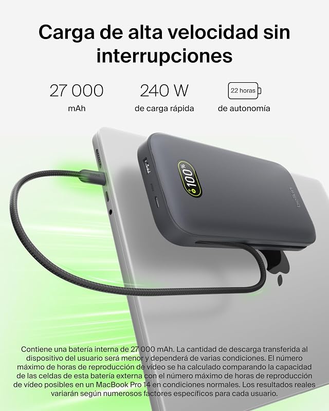 UltraCharge Pro Carregamento Rápido Bateria Externa de 27000mAh, Power Bank com Cabo USB C Integrado, USB PD e USB A de 240 W, Bateria Portátil para MacBook Pro, iPhone, iPad, Galaxy, Pixel, Cinzento Carvão