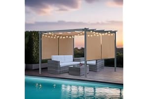 Masyardi 12 x 12 Ft Outdoor Aluminum Pergola, Retractable Canopy & 2 Sides Shades for Patio Backyard Garden Deck