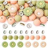Boutigem 56Pcs Cute Daisy Flower Silicone Beads 15mm Round Silicone Beads 10mm Flat Round Rondelle Spacer Bead Colorful Rubber Character Bead for DIY Pens Bracelet Keychain Lanyard Hang Ornament