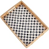 Tynulox Rectangle Rattan Tray with Mother of Pearl Inlay, Rattan Serving Tray with Handle for Coffee, Bread, Fruits, Snacks, Decorative Wicker Tray for Table Decor (Black Checkerboard, 13"×9")