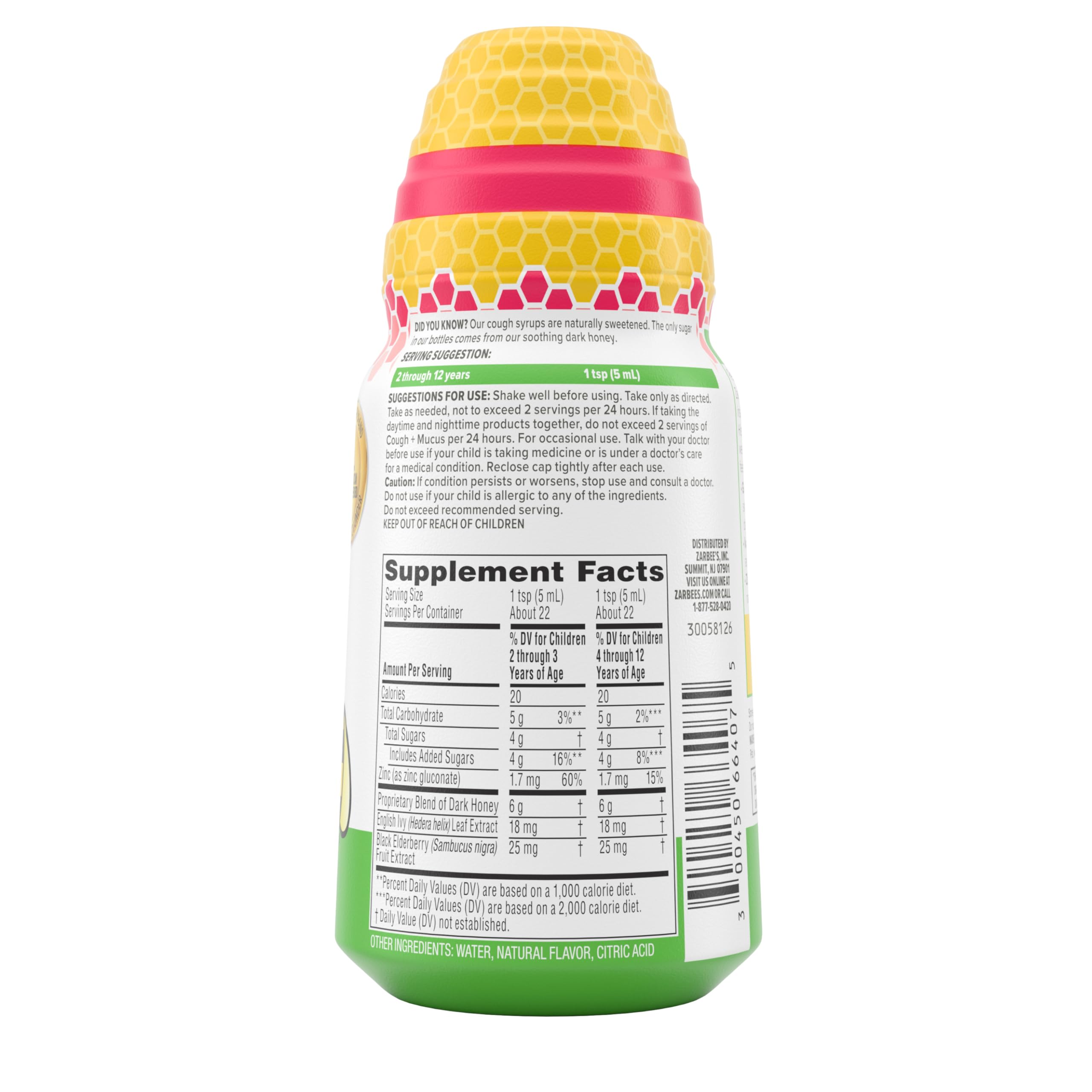 Zarbee's Children's Honey Cough Syrup + Mucus Daytime for Kids 2+ + Dark Honey, Ivy Leaf, Zinc & Elderberry, #1 Pediatrician Recommended, Drug & Alcohol-Free, Mixed Berry Flavor, 4 fl. oz