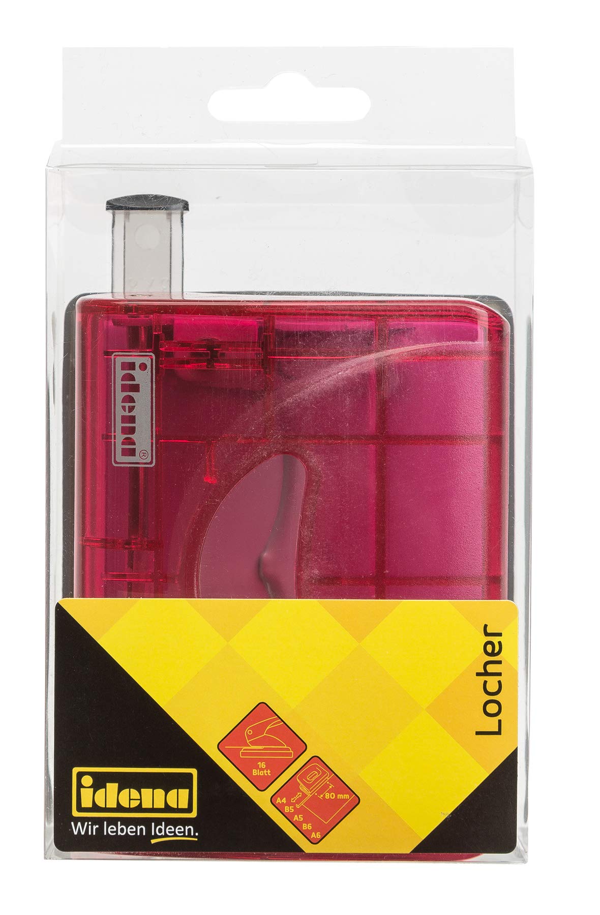 Idena 300751 Hole Punch with Paper Guide, Translucent, 16 Sheets, Red