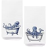 AQYIP Blue Octopus Hand Towels for Bathroom, Octopus Bathroom Decor, Nautical Ocean Sea Animal Squid Decorative Hand Towels for Washroom Restroom Bath Room, 16x24 Inch Set of 2