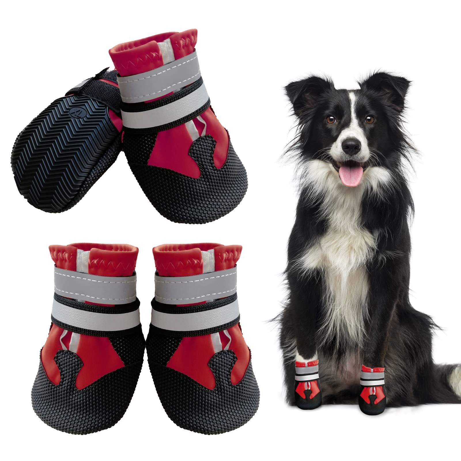 NeuWee Dog Shoes, Waterproof Dog Boots for Injured Paws, Set of 4 Waterproof Dog Boots with Adjustable Reflective Straps and Anti Slip Sole for Small Medium Large Dogs (XXL, Red)