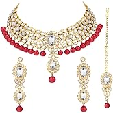 Aheli Indian Wedding Wear Beaded Faux Kundan Pearl Necklace Set with Maang Tikka Ethnic Bharatanatyam jewellery set Gift for Women