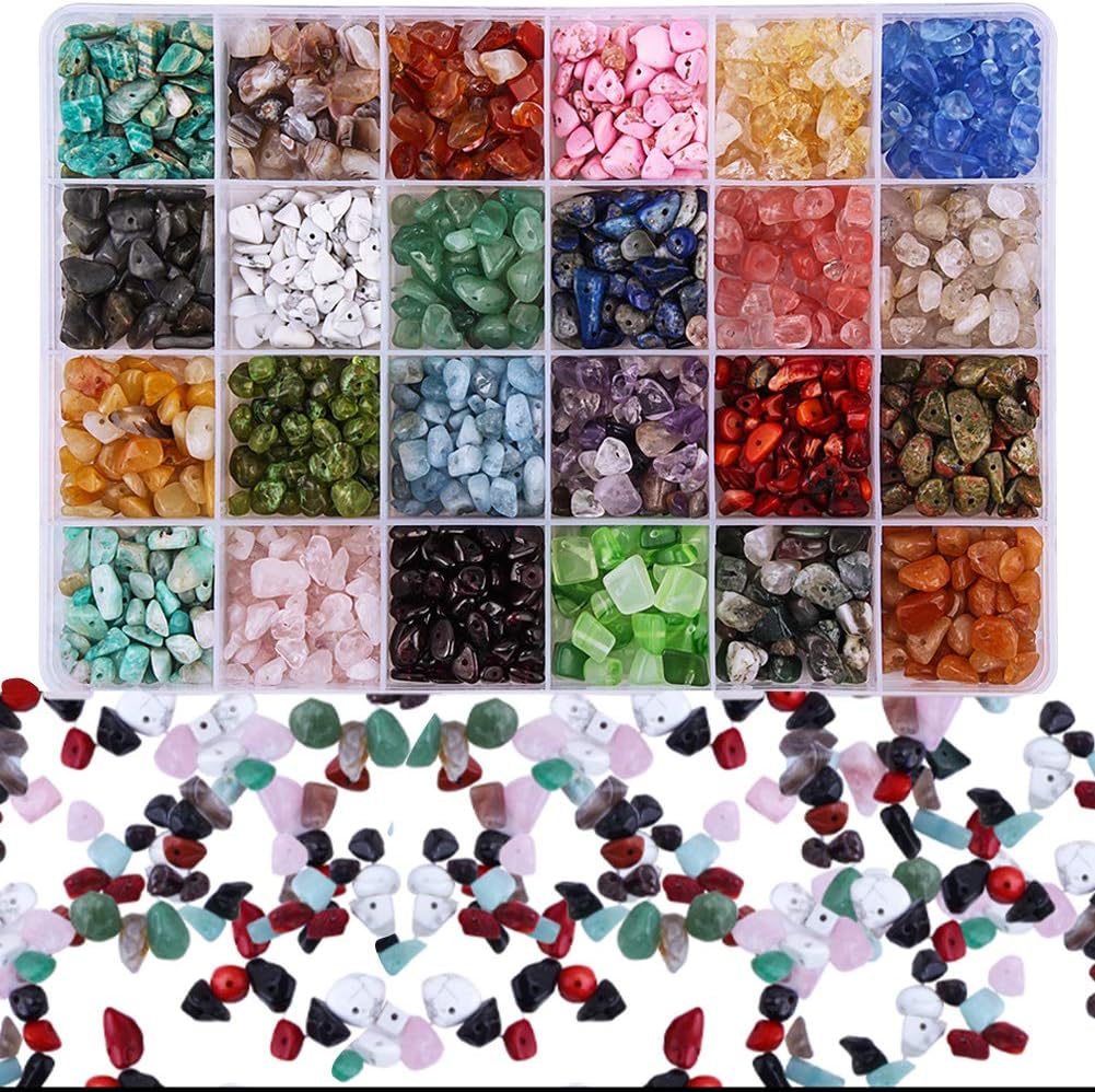 Colle Gemstone Beads Crushed Irregular Chips Beads Set Natural Stone Healing Crystal Loose DIY Bead for Jewelry Making Necklace Bracelet Ring (24 Color) (Multicolor)