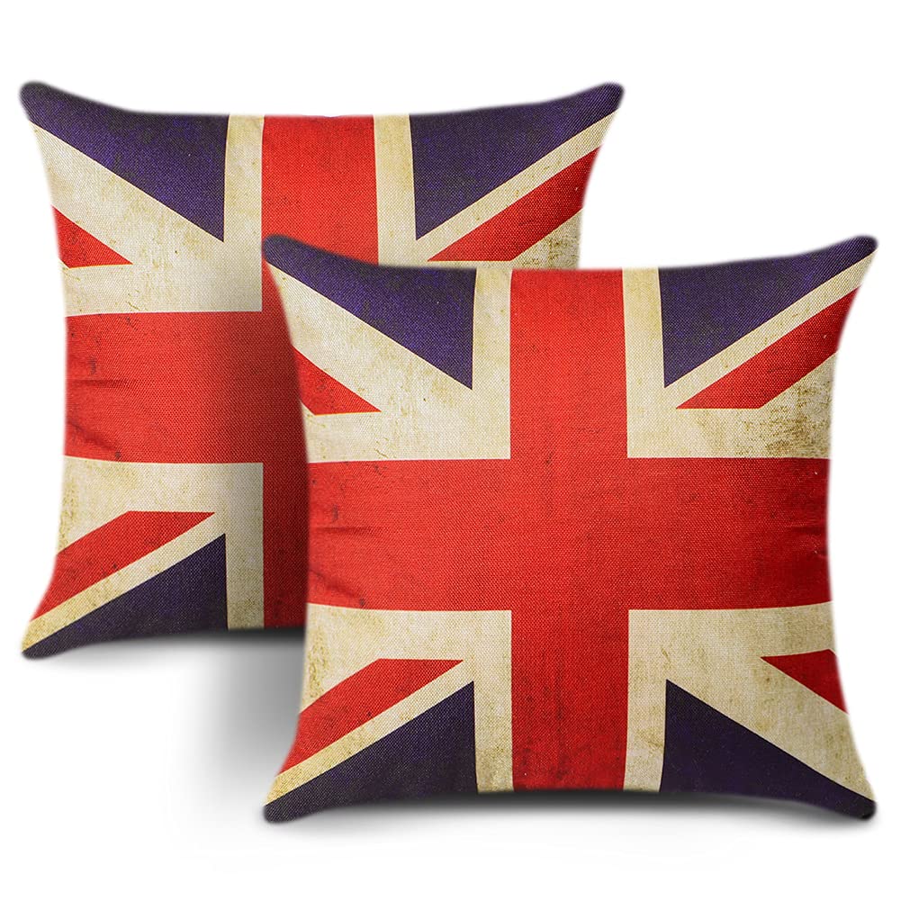 JOTOM Set of 2 Cushion Covers UK Flag Vintage United Kingdom Flag Throw Pillow Covers 45 x 45cm Home Decorative Square Cushion Cover Couch Pillowcase Living Room Bedroom Sofa Car Decor (National Flag)