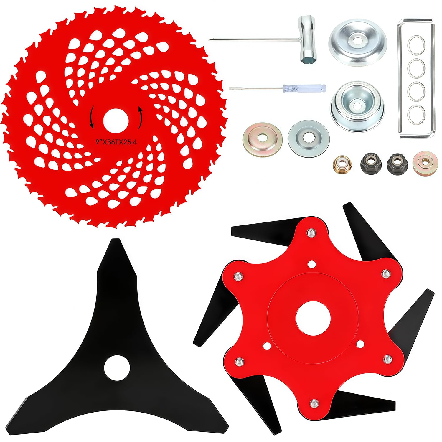Photo 1 of RandJ Steel Trimmer Head & 9" x 36 Teeth Carbide Tipped Blades & 10" x 3 Teeth Carbon Steel Brush Cutter Blades with 2 Different Adapter Kits