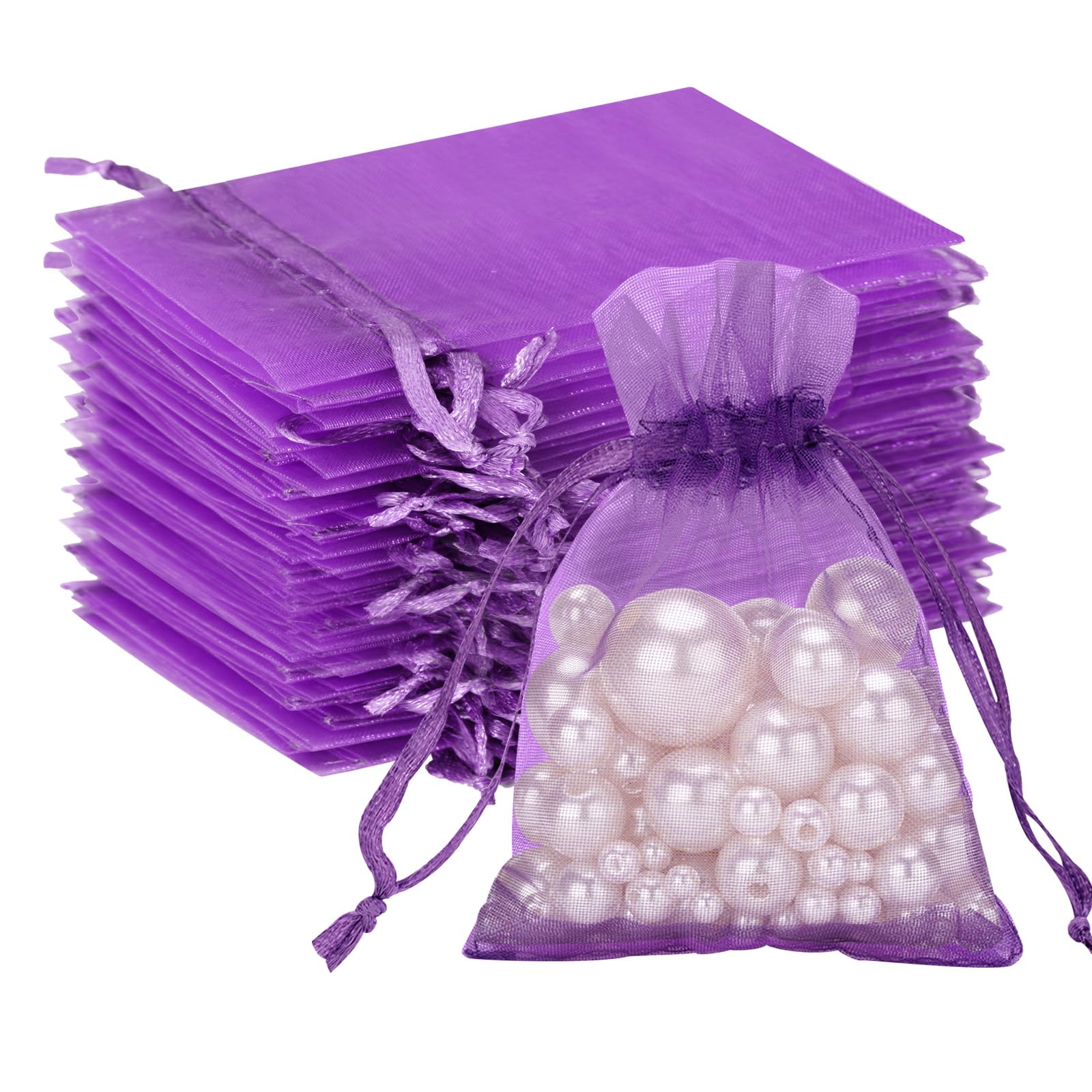 G2PLUS Purple Organza Gift Bags: 7x9 CM Clear Mesh Pouches, 100 PCS Organza Jewellery Bags, Small Favour Pouches for Wedding, Birthday Party Supplies