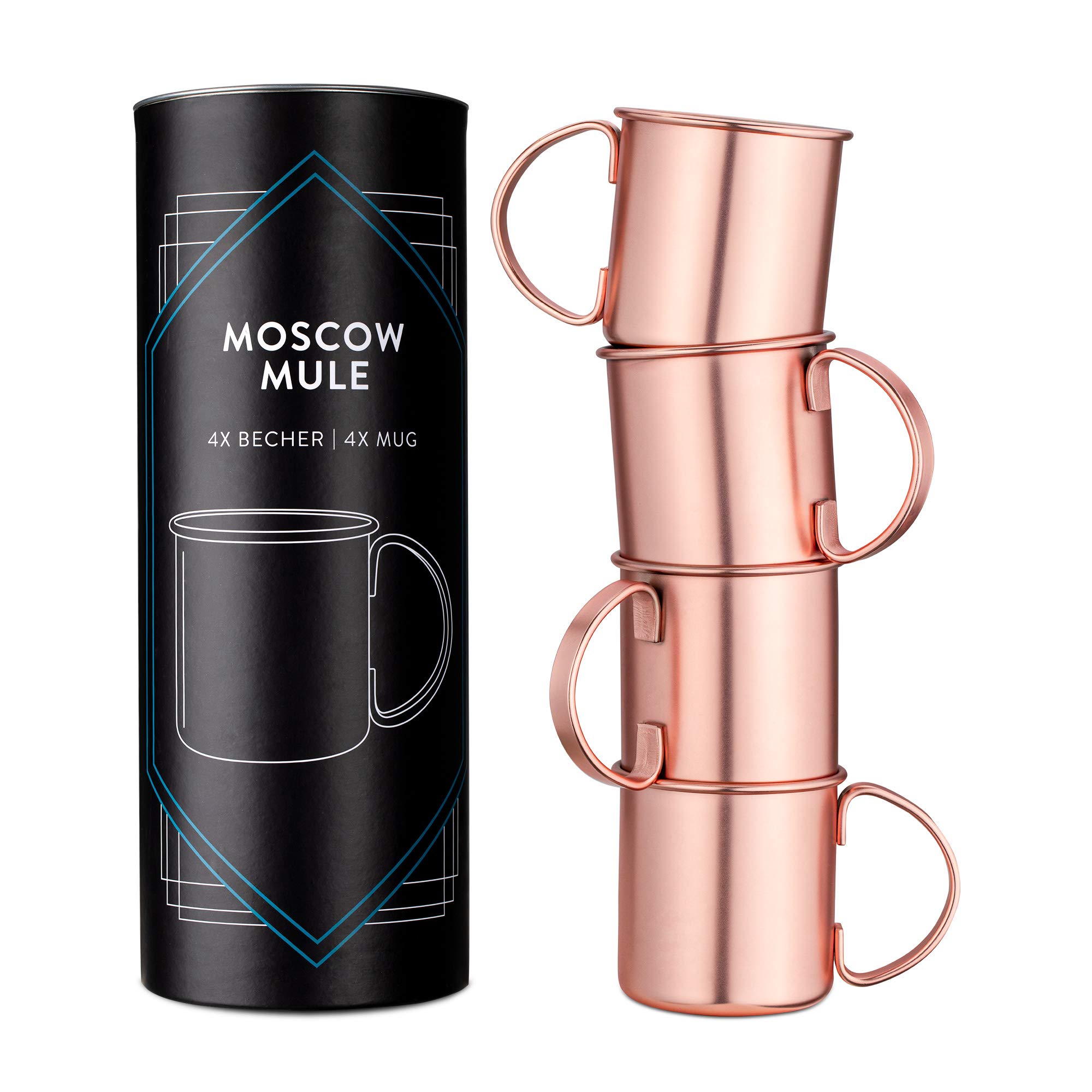 Navaris 4x Moscow Mule Copper Mugs - 475ml / 16.1oz Set of 4 Copper Plated Stainless Steel Cups with Large Handle for Ice Cold Drinks, Beer, Cocktails