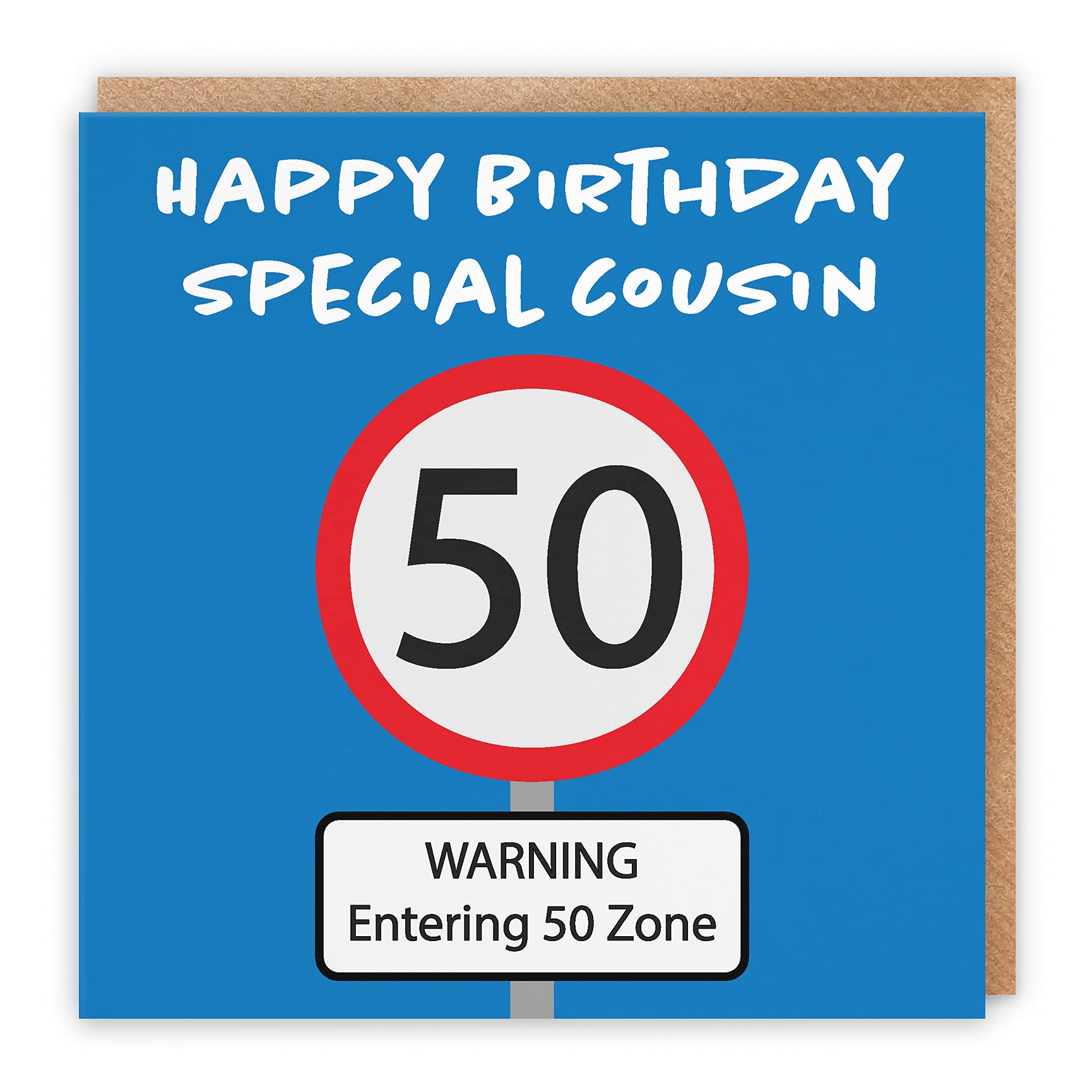 Hunts England - Large Cousin 50th Birthday Card - Happy Birthday - Special Cousin - Warning Entering 50 Zone - Road Sign Collection - Large - 210 x 210 mm - Fun Card - Age 50