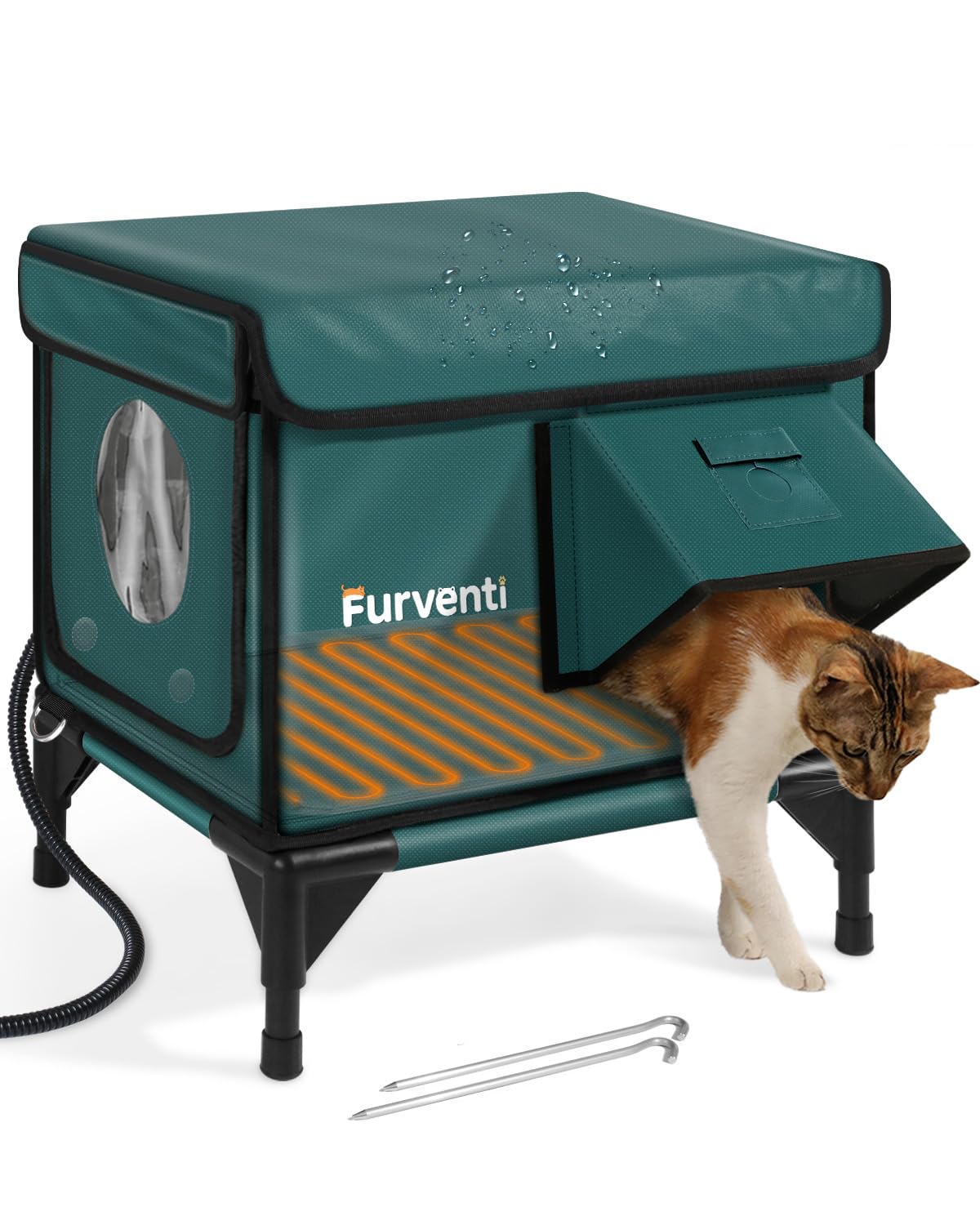 Photo 1 of Outdoor Heated Cat House in Winter,Extremely Insulated & Weatherproof,Elevated Feral Cat Shelter with Waterproof Eaves & Escape Door for Outside Stray Barn Cat (Dark Green,S)