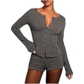 MakeMeChic Women's 2 Piece Fall Outfits Long Sleeve Crew Neck Button Down Shirt and Shorts Matching Set