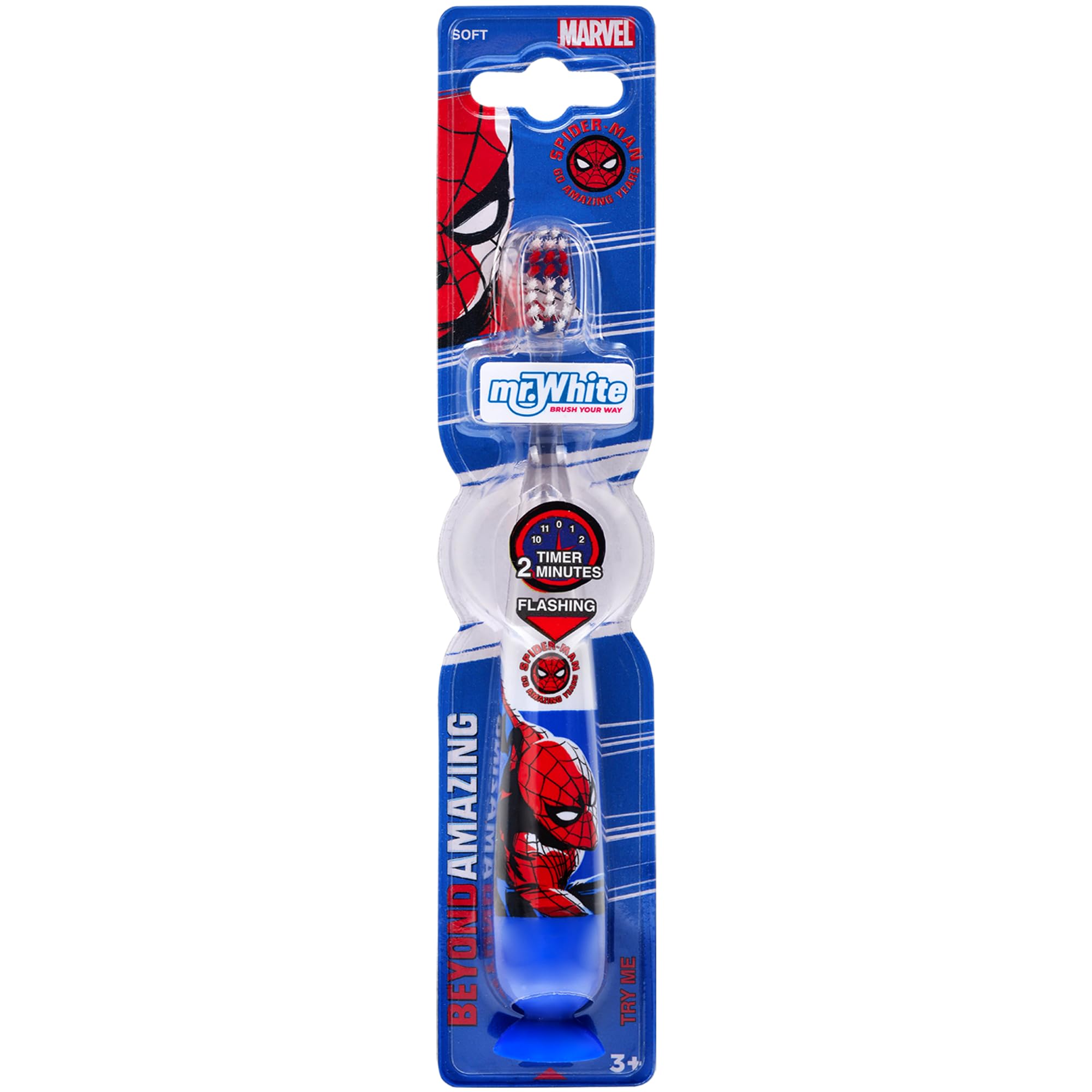 Marvel Spiderman Kids LED Toothbrush with 2 Minute Flashing Light Timer, Soft Bristles, Non-Slip Handle & Suction Cup for Children Aged 3-14 Years Old, BPA-Free & Non-Toxic Kids Light Up Toothbrush