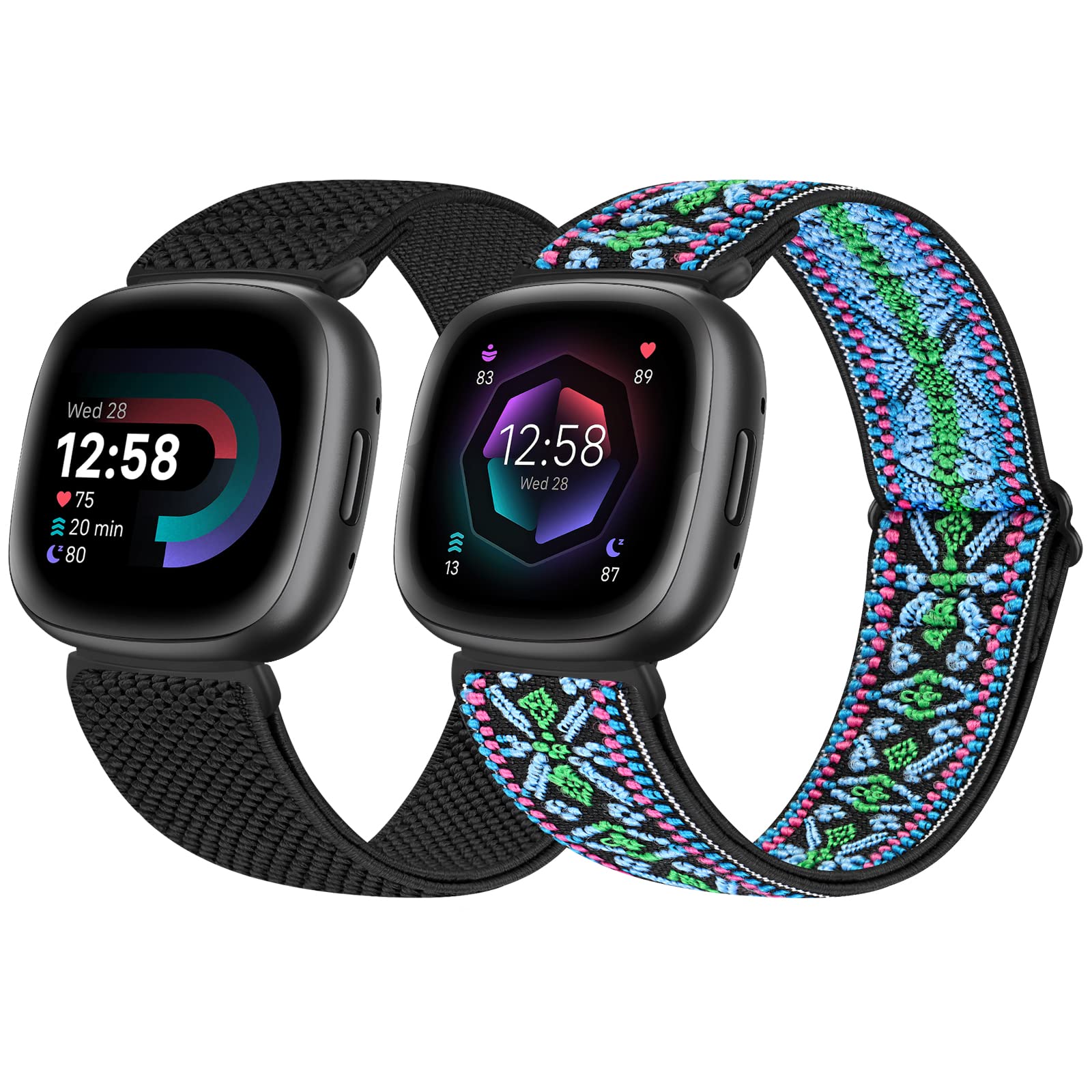 enkic 2 Pack Elastic Watch Strap Compatible with Fitbit Versa 4/3/Sense 2/3, Adjustable Nylon Loop Sport Strap Stretchy Replacement Wristband for Men Women