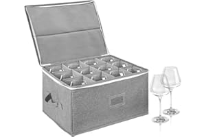 BOHEMIABY Wine Glass Storage Box with Dividers, Glassware Storage Containers- Wine Box Holds 12 Red or White Wine glasses, Ch