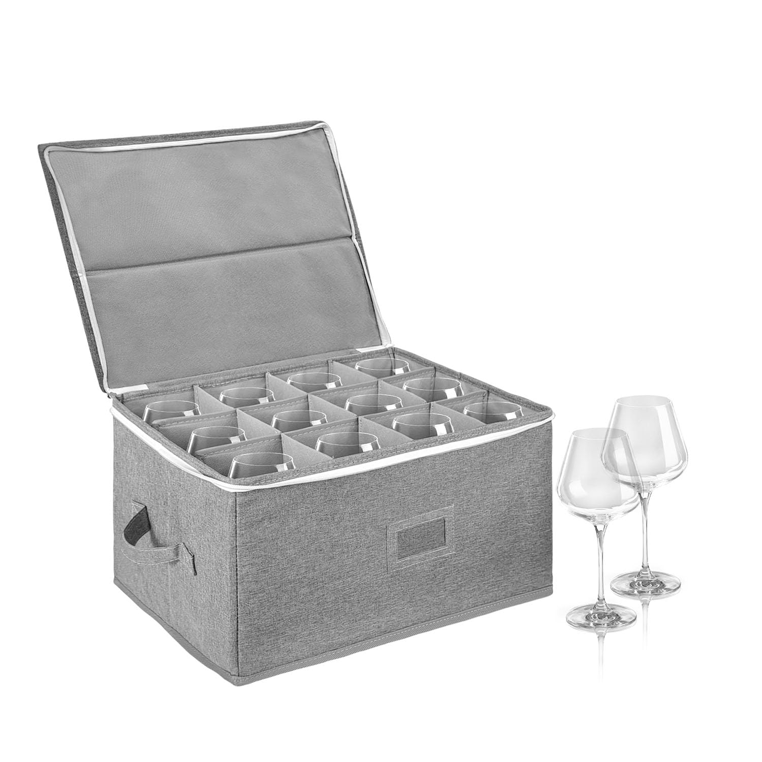 BOHEMIABY Wine Glass Storage Box with Dividers, Camping Wine Storage Box Holds 12 Glasses, Cocktail Glasses, Tumblers Hard Shell and Stackable, Label Window (Wine Glass) — image 1