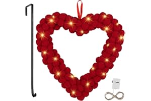 ANVAVO Red Valentine‘s Day Felt Pom Pom Wreath with LED Lights Metal Wreath Hanger 13 Inch Valentine Heart Wreath Felt Heart Ball Wreath for Valentine's Day Wedding Party Home Decoration