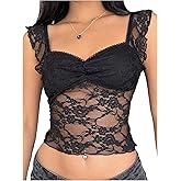 OYOANGLE Women's Floral Lace Crop Cami Top Coquette Tops Ruched Backless Ruffle Camisole