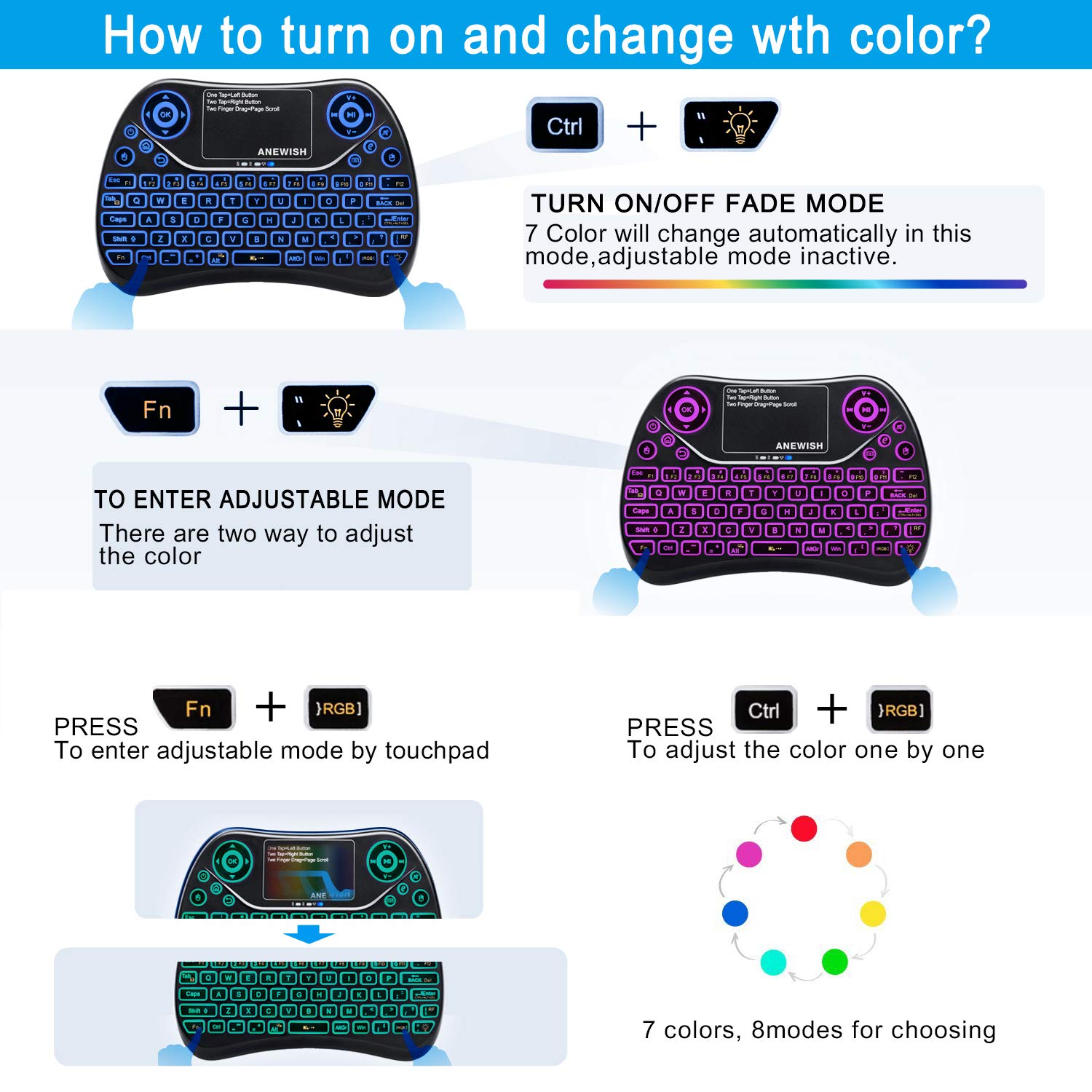 ANEWISH 2.4GHz Wireless Mini Keyboard LED Backlit RGB 7 Color with Touchpad Mouse Combo, Rechargable Compatible with PC,HTPC,Tablet,Smart TV,Projector,Android TV Box