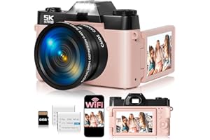 SMARTKLIK 5K Digital Camera for Photography,UHD 75MP WiFi Vlogging Camera for YouTube,Compact Camera with 3" 180°Flip Screen,64GB SD Card,16X Digital Zoom,2 Batteries,Perfect for Beginners and Teens,Pink