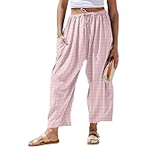 TARSE Womens Wide Leg Striped Plaid Pants Casual Barrel Loose Drawstring Low Waist Palazzo Harem Pants with Pockets