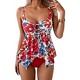 Aidonger Tankini Swimsuit for Women Tummy Control Two Piece Bathing Suit V Neck Flowy Swimwear Top with Bottom