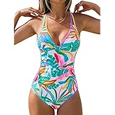 CUPSHE Women's One Piece Swimsuit V Neck Crisscross Back Cut Out Self Tie Color Block Ruched Bathing Suit