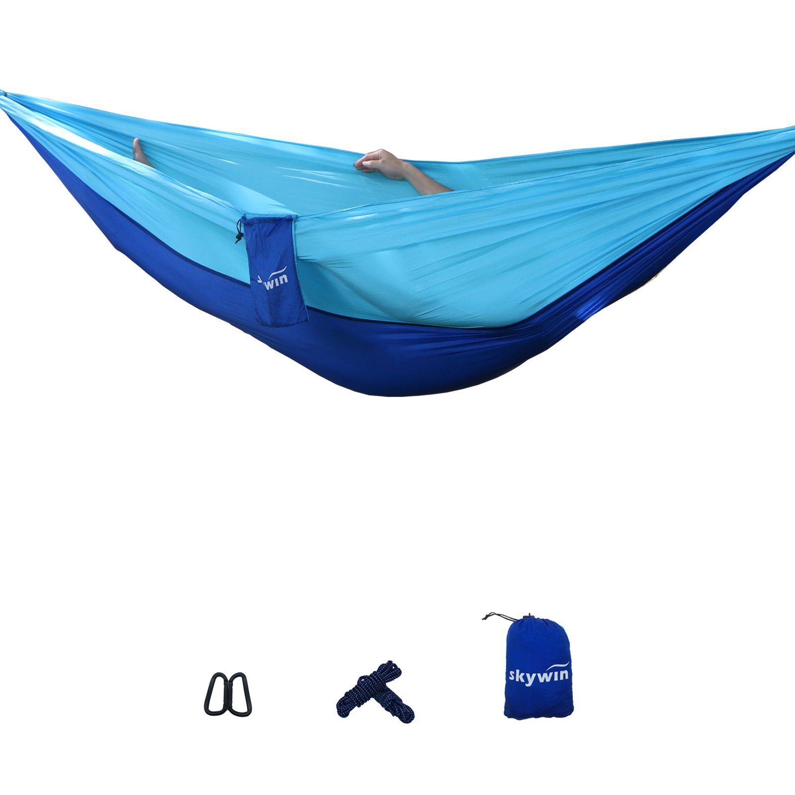 SKYWIN Camping Hammock Lightweight Parachute Hammock Multifunctional For Travel,Camping,Hiking, Beach, Yard , Portable with 2 Carabiners and 2 Hanging Ropes 10FT by Each ( Blue Stitching)