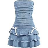Floerns Girl's Ruched Strapless Tube Top Bowknot Denim Dress Cute Tiered Dress