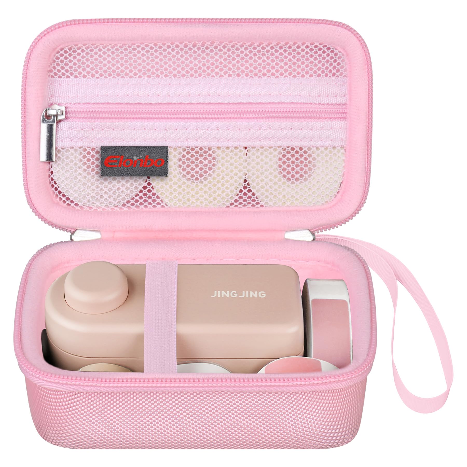 Elonbo Carrying Case for Makeid Label Maker Machine, Makeid L1 Portable Bluetooth Label Printer Handheld Label Printer Storage Holder Bag, Extra Mesh Pocket Fits Label Paper Cable, Pink