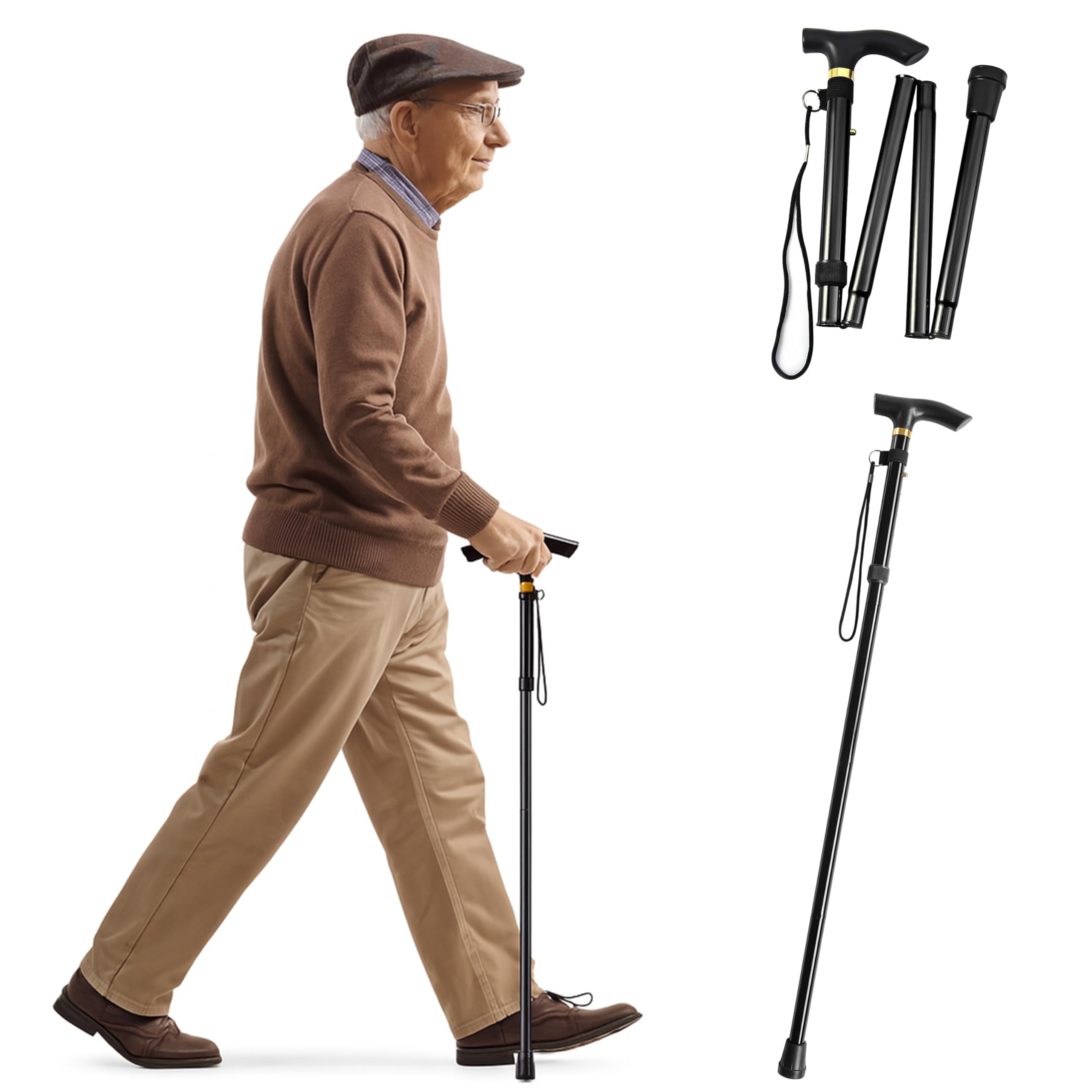 Foldable Walking Stick for Seniors | Lightweight Adjustable Walking Cane for Men & Women, Durable Aluminum Folding Mobility Aid with Anti-Slip Rubber Tip | Height Adjustable 82–92cm