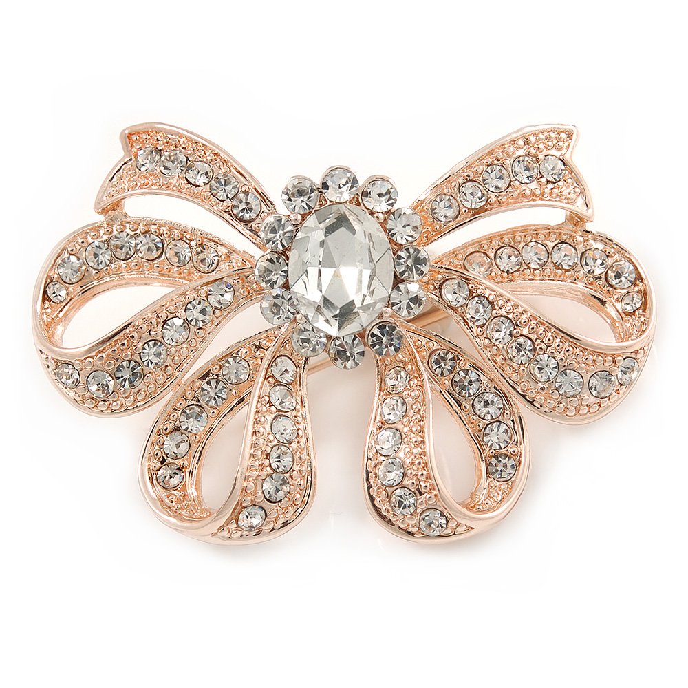 Rose Gold Tone Metal Clear Crystal Bow Brooch - 50mm W